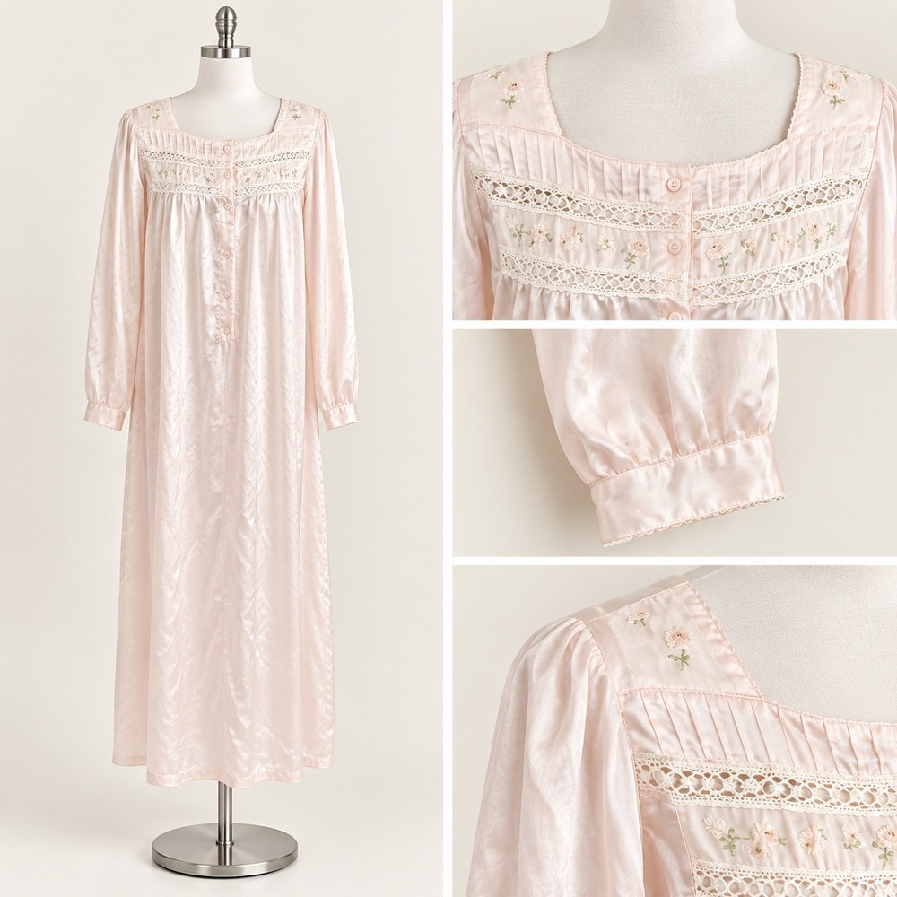 VTG Blush Pink Satin Nightgown Lace Floral Embroidered Long Sleeve Maxi Dress